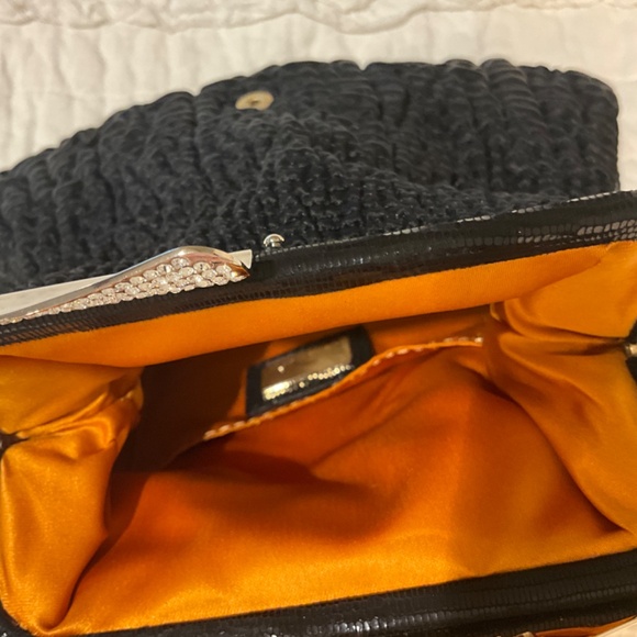 FENDI Borderline Clutch in Black Pleated Satin with Gold and Silver Kiss Lock - Picture 9 of 14